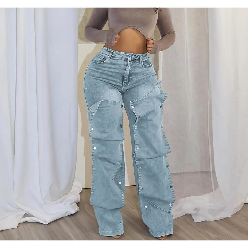 STREETRICH Fashion Detachable Buckle Irregular Jeans For Women High Waist Denim Pants Female Trendy