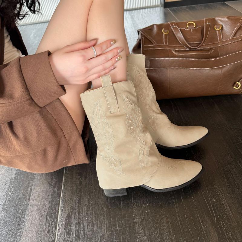 

Женские остроносые ковбойские сапоги в западном стиле, новые осенние, темпераментные, ретро, на наборном каблуке, универсальные короткие сапоги 40