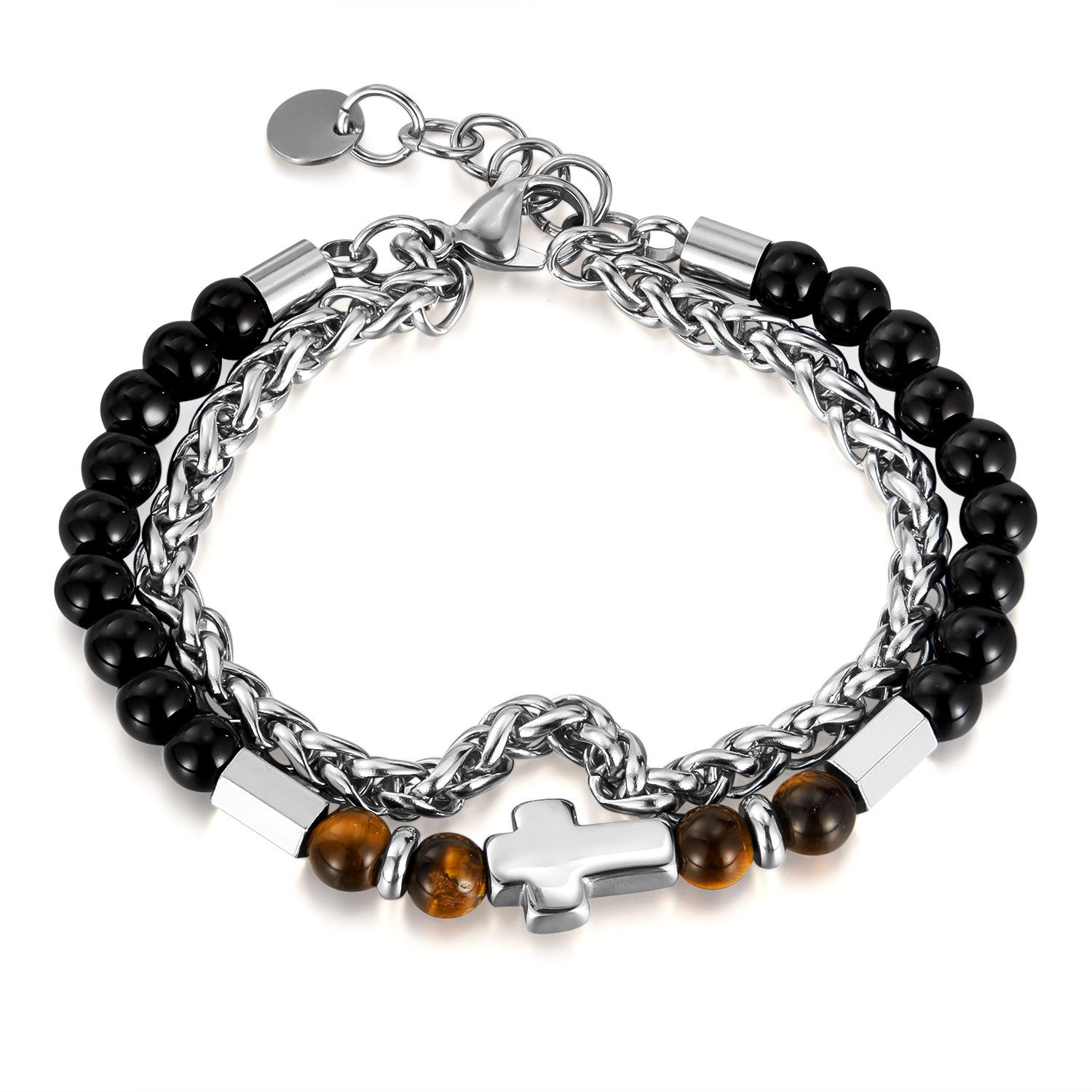 New Men S Women S Fashion Jewelry Stainless Steel Cross Charm Double Layer Natural Stone Tiger Eye Handmade Beaded Bracelets 19.5cm+2.5cm&1