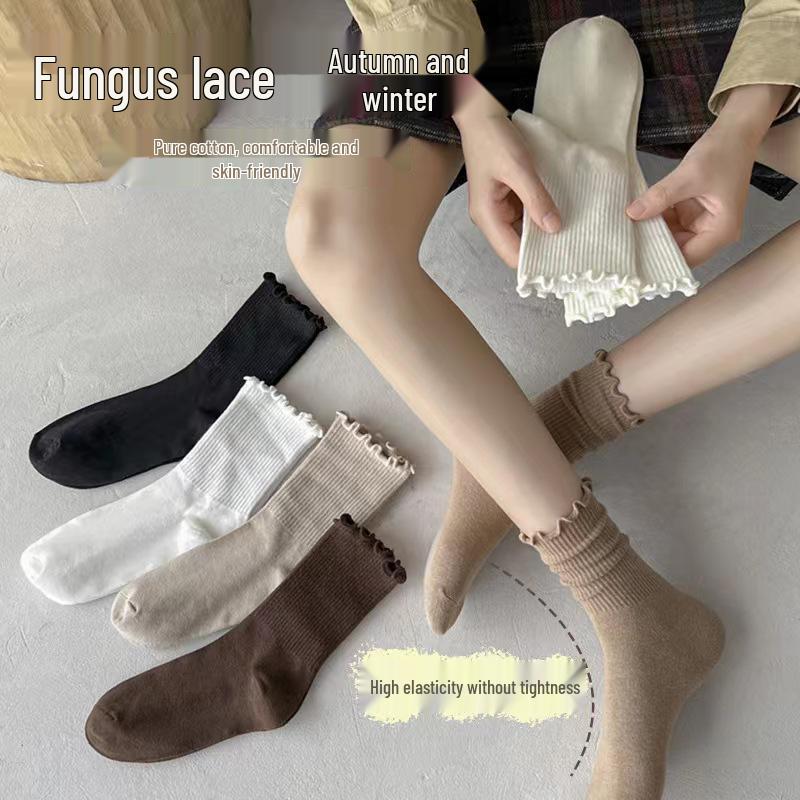 Lace-Edged Mid-Calf Socks: Four-Season Japanese-Style Solid Color Pile and Knee-High.