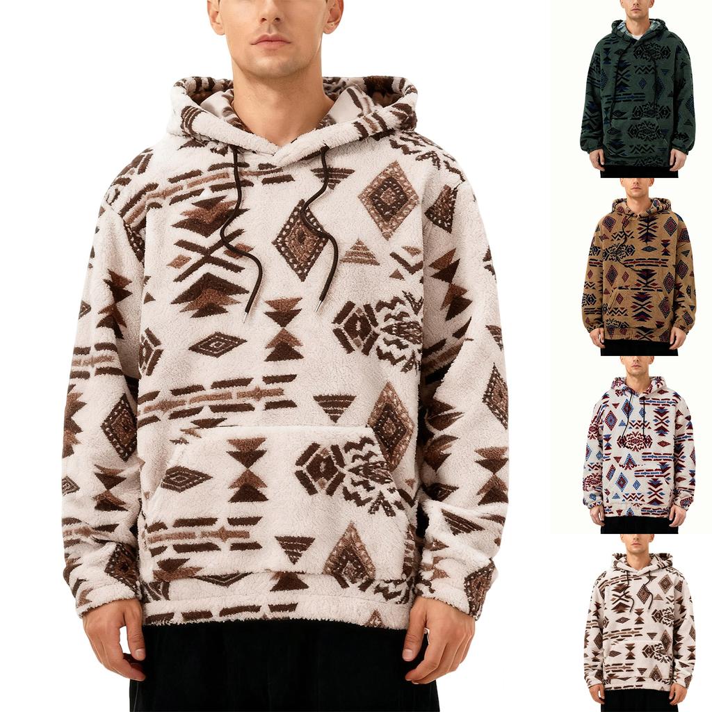 Men's Hoodies Ethnic Style Contrast Binding  Pocket Loose Pullover Fuzzy Hoodie