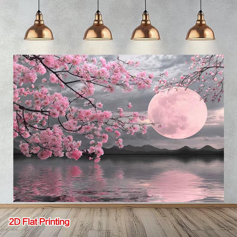 2D Dreamy Cherry Blossom Tapestry Pink Full Moon with Lake Reflection Wall Art 47.2x31.5inch/120*80cm