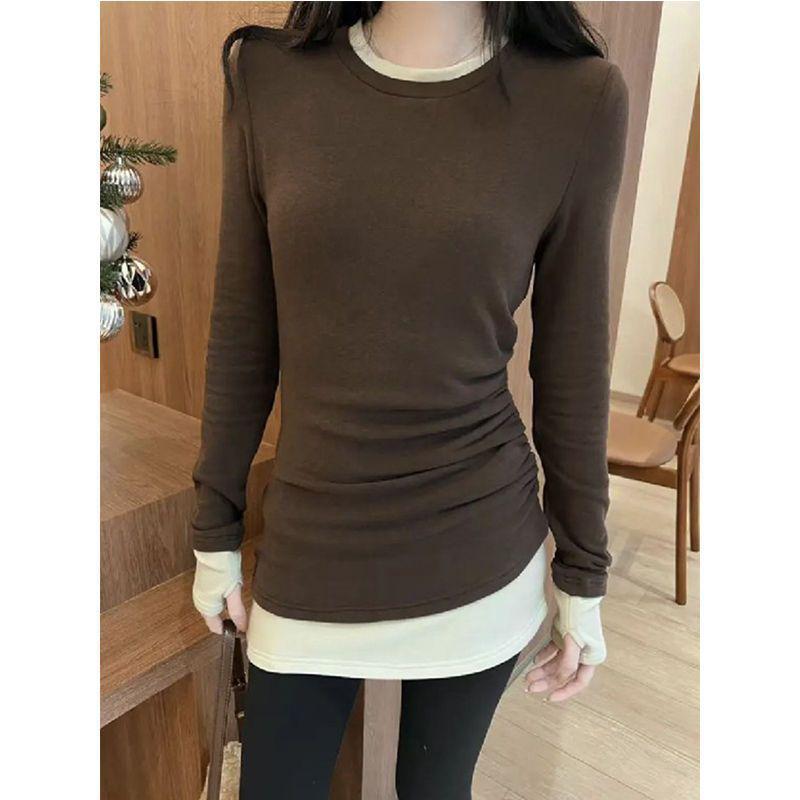

Women s Plus Size Thickened Fleece Long-Sleeve Layered Top for Spring/Autumn/Winter XL кофейный