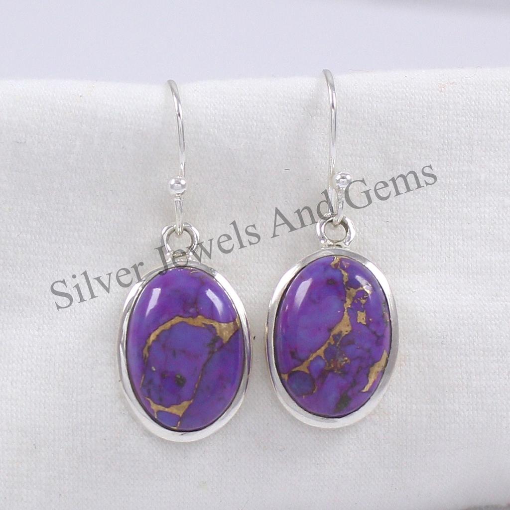 Copper Turquoise Earrings, Oval Purple Turquoise Earrings, Handmade Earring, 925 Sterling Silver Earring, Gift For Friends