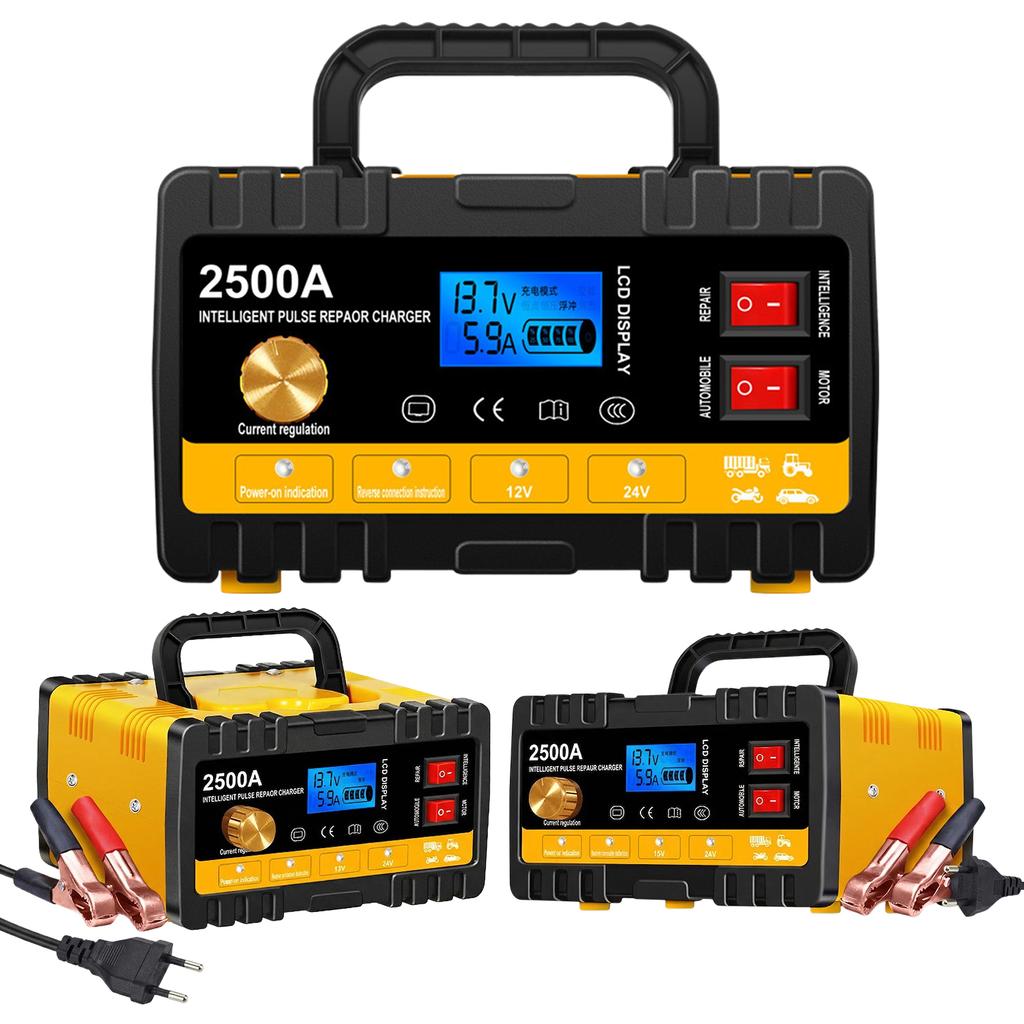 12V/24V Automatic Chargers and Maintainer with Cable Clamps & LCD Display Auto Shut-Off for Motorcycles Cars Trucks Lawnmowers