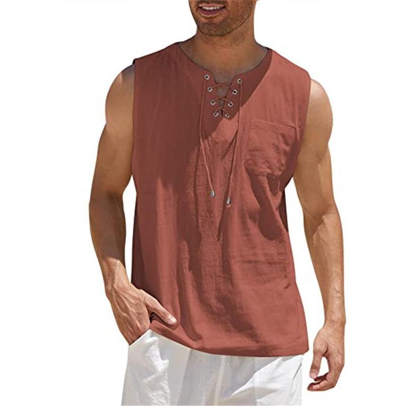 Men's Casual Pirate Vest Tank Top with Lace-up Front and Pocket