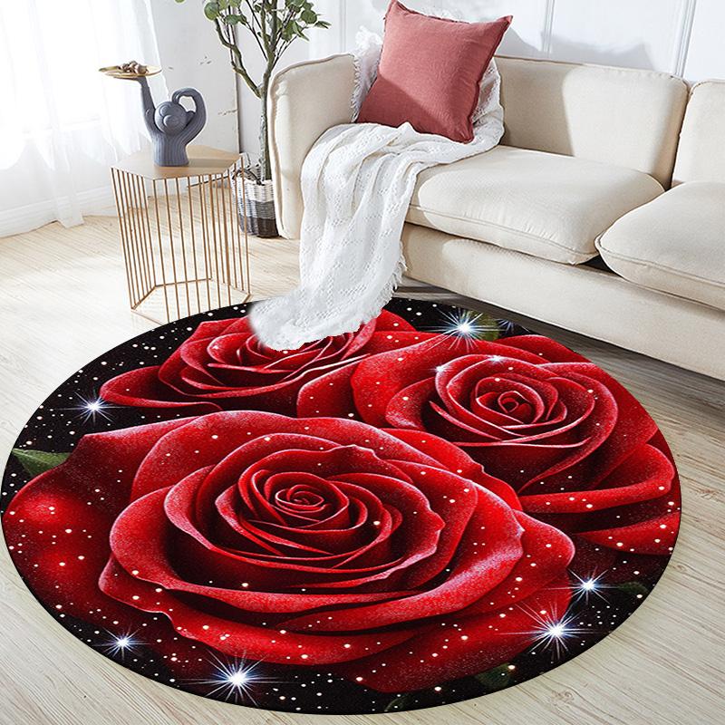 Red Roses Round Area Rug,Carpet Rug for Living Room Bedroom Sofa Playroom Decor,Non-slip Floor Mat