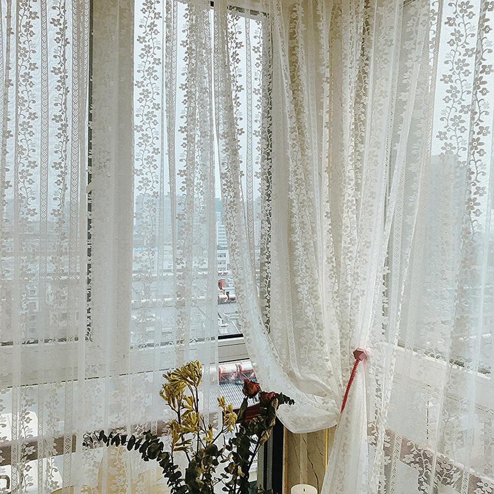 1 Panel,Rod Pocket White Flower Lace Tulle Curtain for Window Sliding Door Kitchen Light Translucent Living Room Sheer Romantic Home Decoration