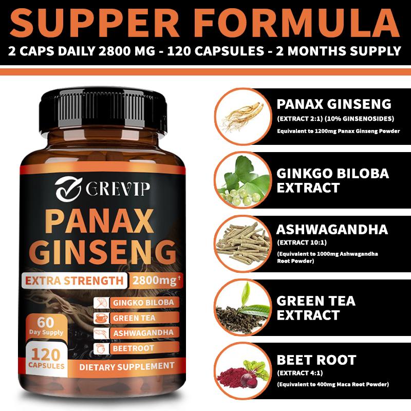 PANAX GINSENG, 120 Vegetarian Capsules, 2800 mg, Relieves Fatigue, Boosts Energy Levels and Muscle Building