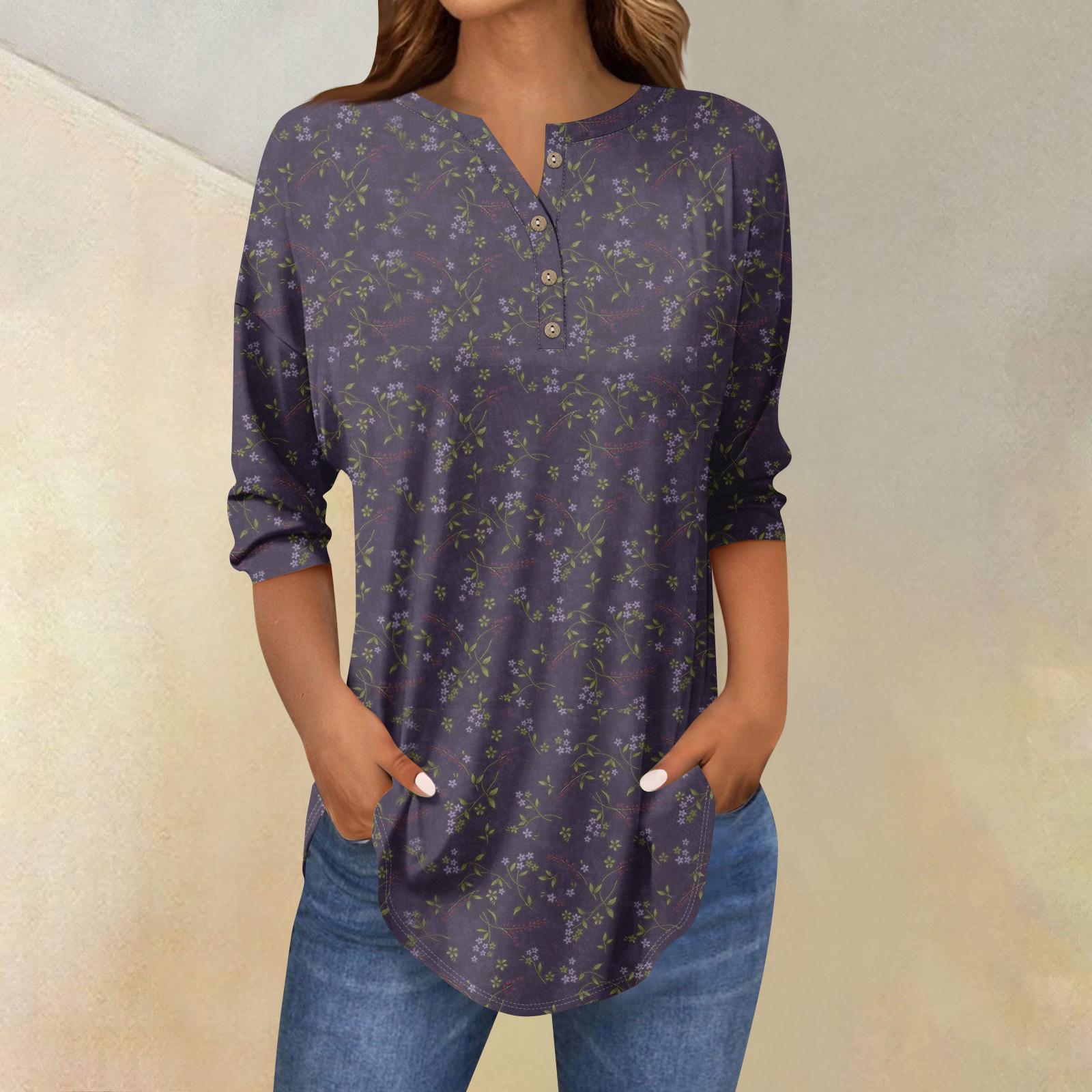 

Футболки для жінок осінні повсякденні сорочки з довгим рукавом 3/4 на ґудзиках Світшоти Вінтажний пуловер XL фіолетовий