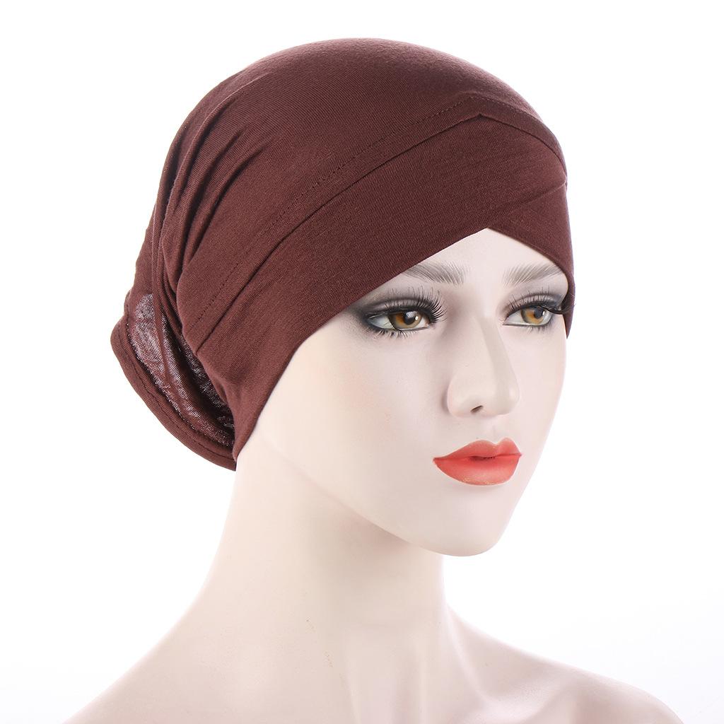 Solid Color Frontal Cross Women Muslim Hijab Caps Wrap Head Soft Elastic Turban Bonnet Chemo Cap Fashion Headdress Wearable