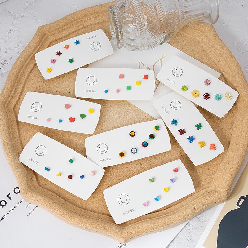 

925 Silver Colorful Daisy Heart Stud Earrings – HyunA Style, Korean Fresh, 3 Pairs
