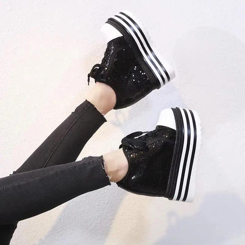 Fashion Autumn Women High Platform Shoes Height Increasing Casual Shoes 14 CM Thick Sole Trainers Breathable Shoes Women Sneakers