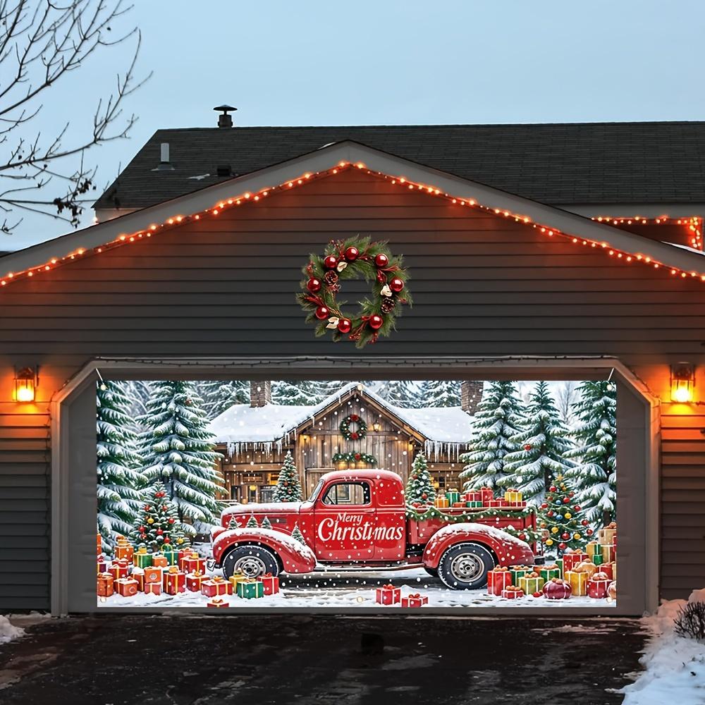 1pc Holiday Polyester Christmas Garage Door Cover Banner - Red Truck and Cabin Design  Multi-purpose Outdoor Flag