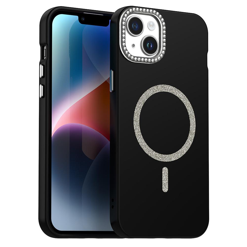 For iPhone 15 Plus/14 Plus Case Compatible with MagSafe TPU+PET Phone Cover with Rhinestone Decor Lens Frame