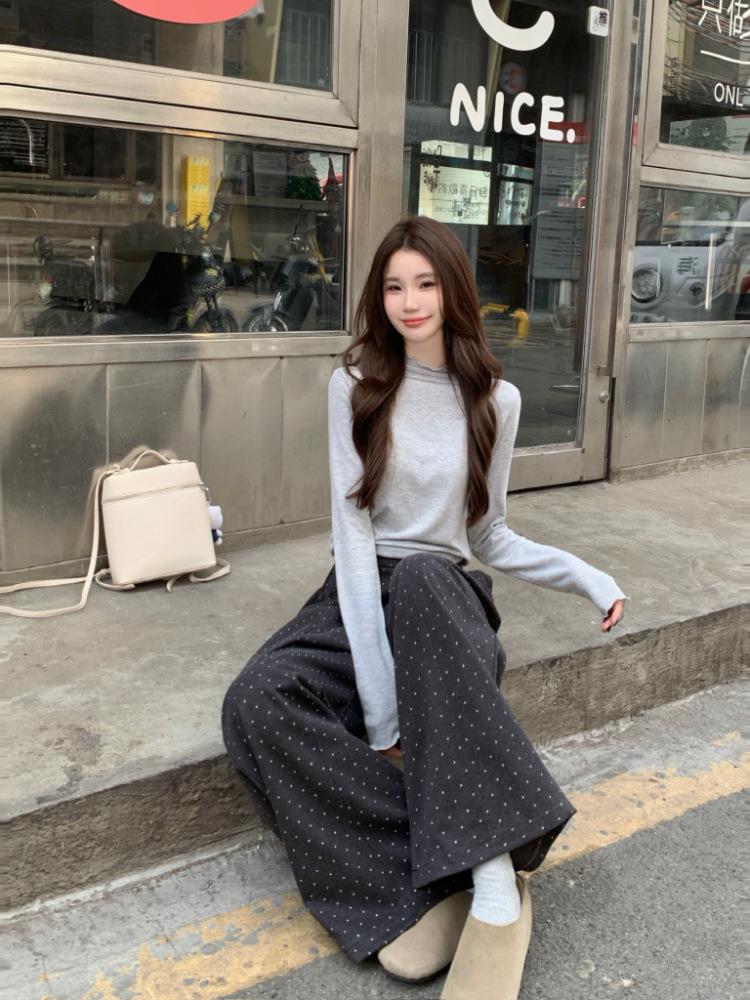High-Waisted Petite Wool Blend Polka Dot Wide-Leg Pants - Dark Gray, Slimming, Versatile, Relaxed Feel.