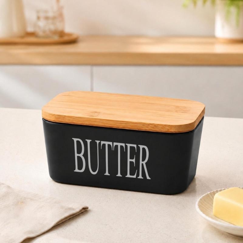 Butter Dish with Natural Wood Lid, Covered Butter Container for Refrigerator Storage and Everyday Table Service