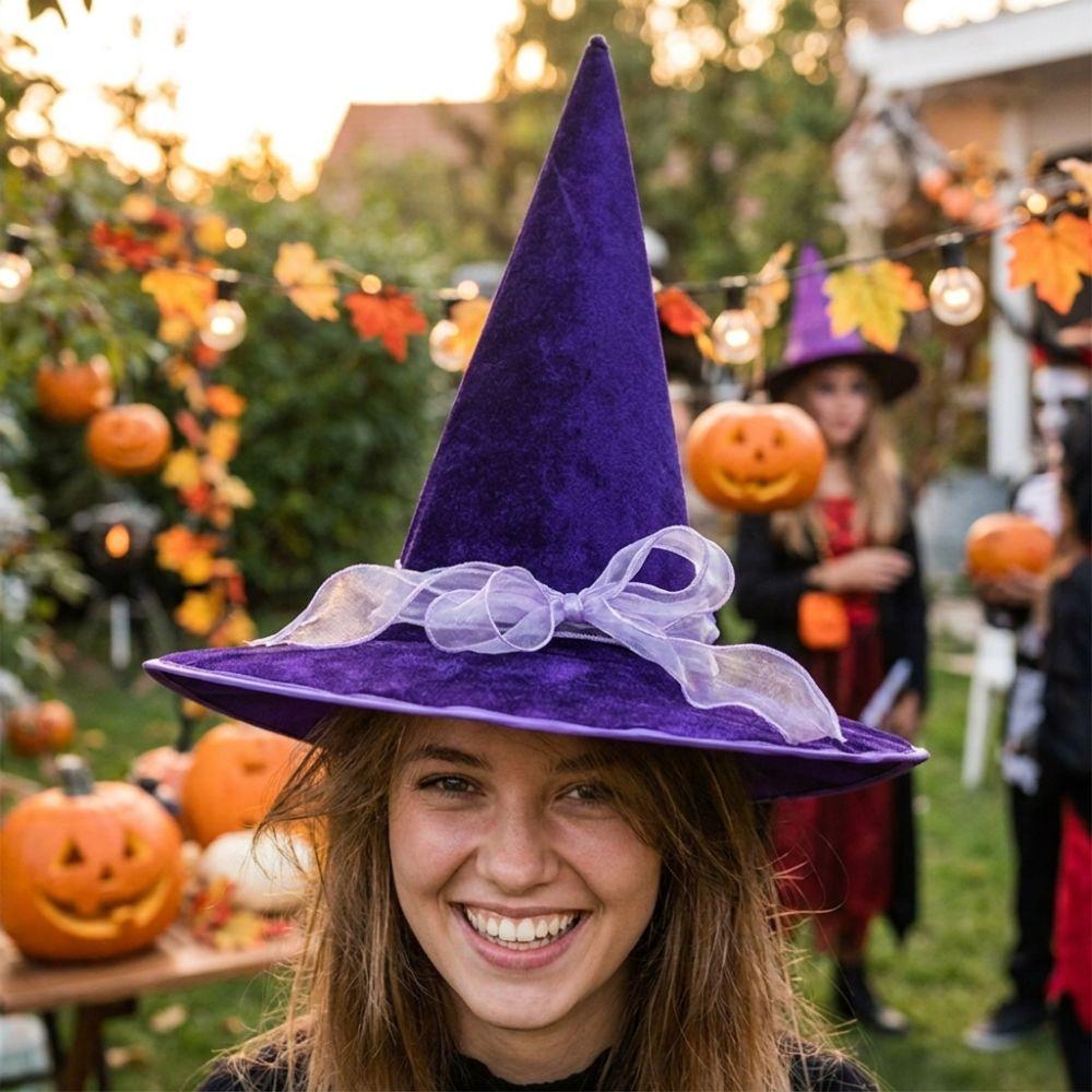 with Lace Velvet Dark Witch Hat Wide Brim Pointed Mage Hat Halloween Witch Hat Halloween Party