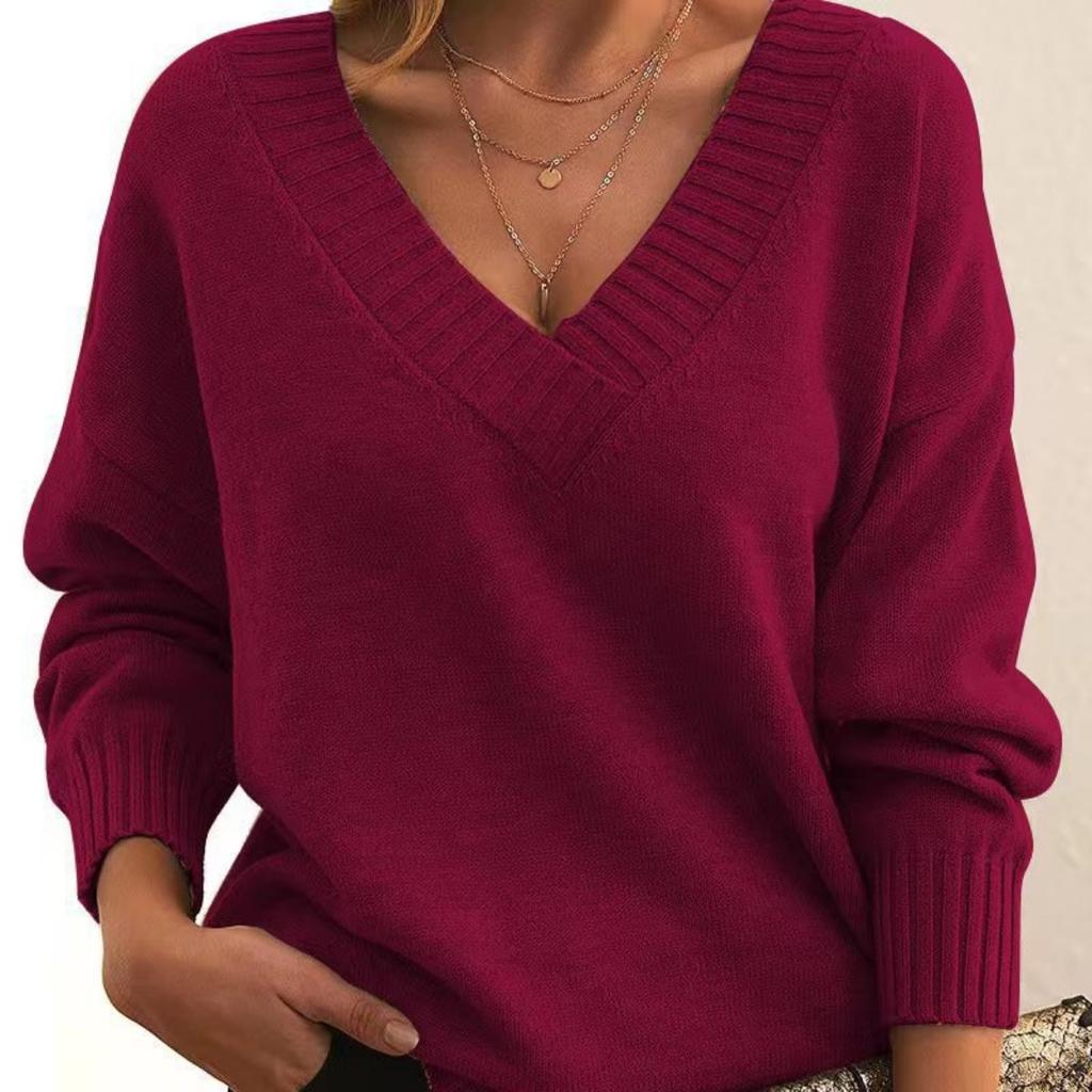VAYLA New Simple Long Sleeve Pullover Knitted Sweater Women Casual Loose Red Sweaters V Neck Autumn Winter Clothes Bottoming Tops 5XL