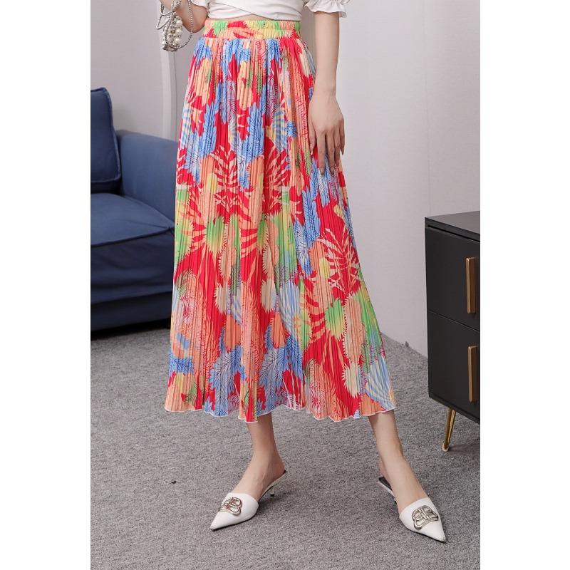 Spring New Fashion Pleated Skirt Digital Printing Long Skirt Elastic Waist Supply Temperament Commuting