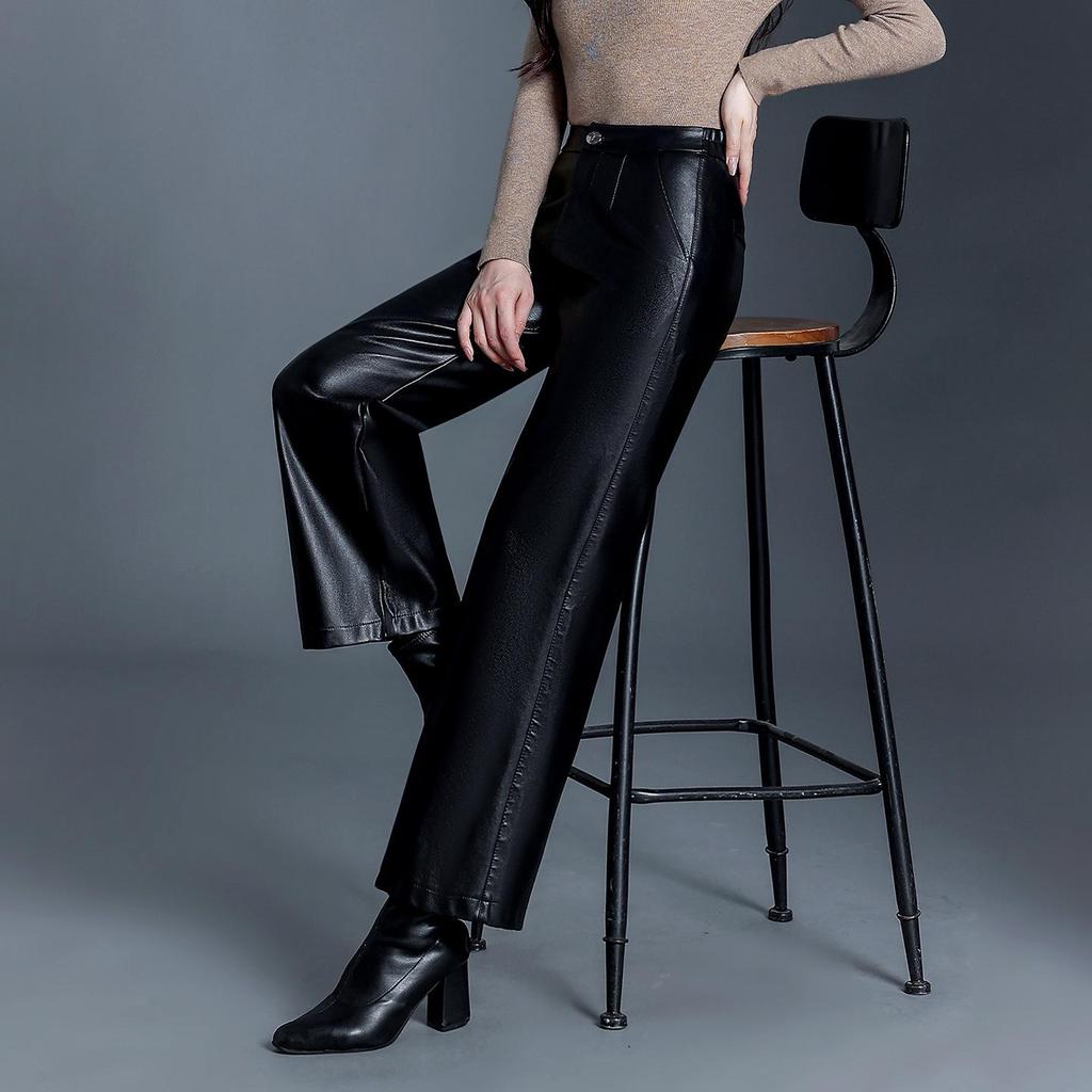 Women's High-Waisted Leather Pants - 2025 Autumn/Winter Loose Straight-Leg Lambskin