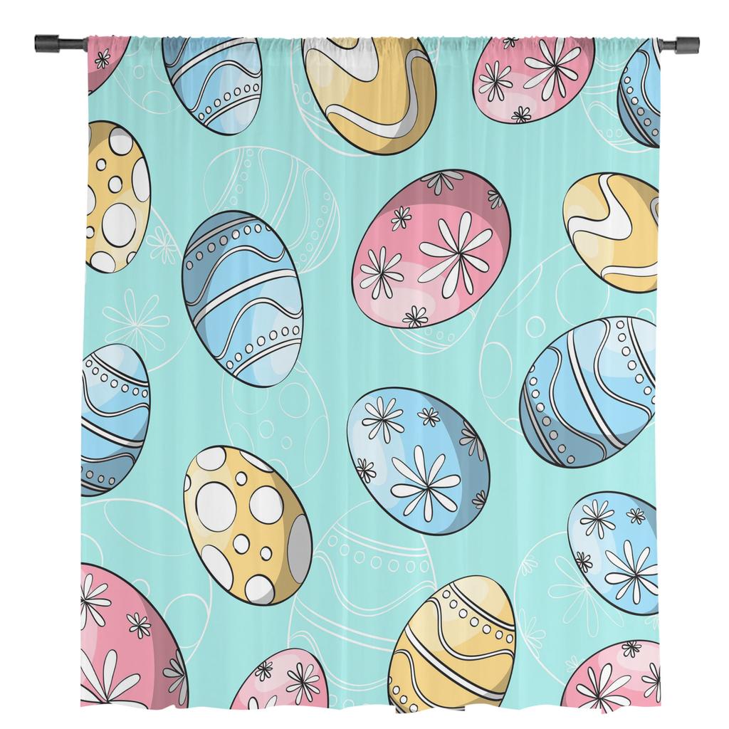 Easter Egg Blue Background Tulle Curtains For Living Room Bedroom Voile Sheer Curtain Window Home Decor Drapes