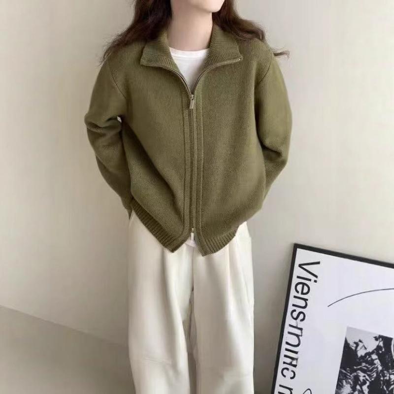 Autumn and winter new double zipper sweater jacket women's thick stand-up collar casual design short knitted cardigan women