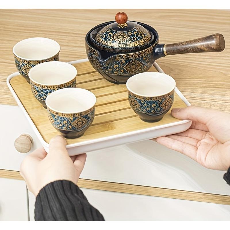 1 Set Side Handle Automatic Tea Making Machine Portable Ceramic Household Meeting Guest Tea Pot Tea Plate Set As A Gift- Perfect For Home And Office M