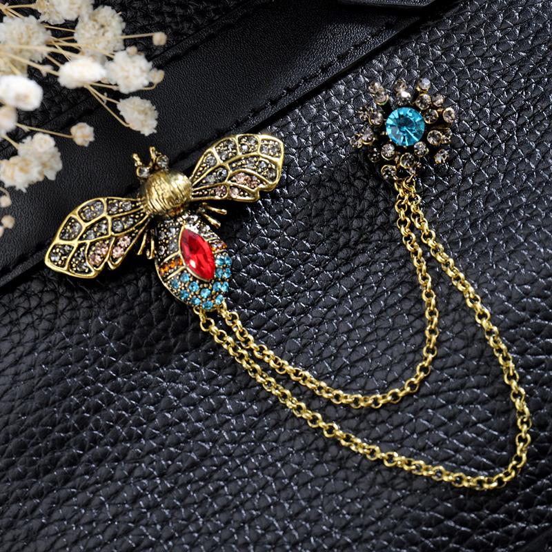 Vintage Cute Animal Bee Metal Chain Brooches Man Suit Shirt Pin Women Coat Jewelry Accessories Gift