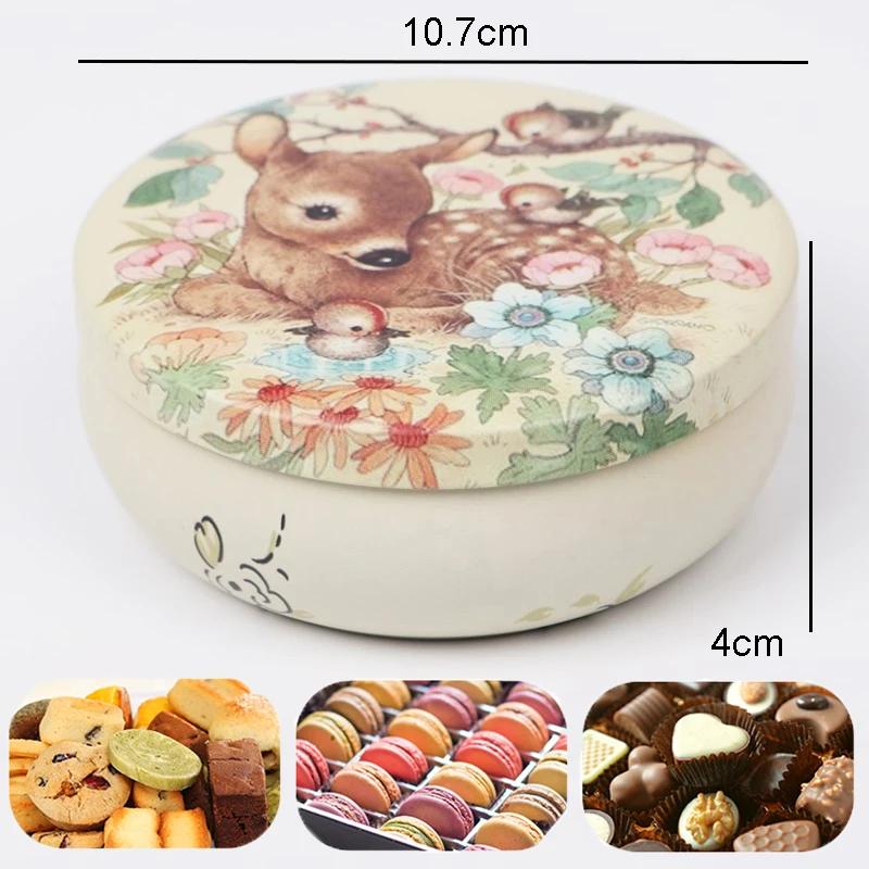 Tinplate Round Mousse Cake Macaron Dessert Tin Box Tea Sugar Coffee Storage Box Kitchen Flower Drawing Chocolate Candy Gift Case