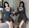 Pure Desire Sexy Irregular Long-sleeved Waist Dress, Thin Flared Sleeve Hip-wrapped Short Skirt, Irregular Base