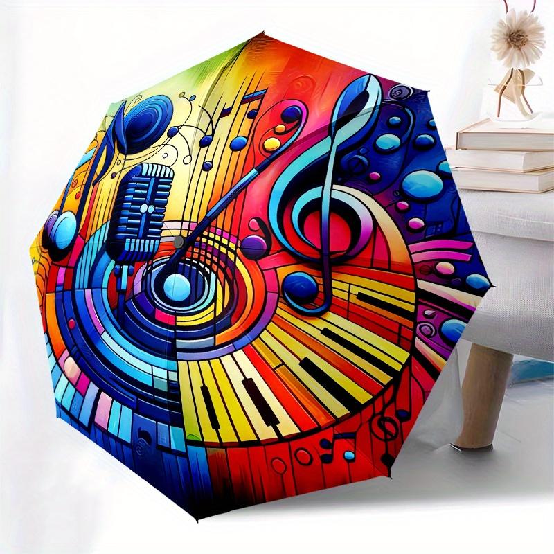 Music Notes, Piano Keys Automatic Folding Umbrella 8 Ribs, Durable Iron Frame, Bright Color Pattern Compact Travel Umbrella, Suitable for O
