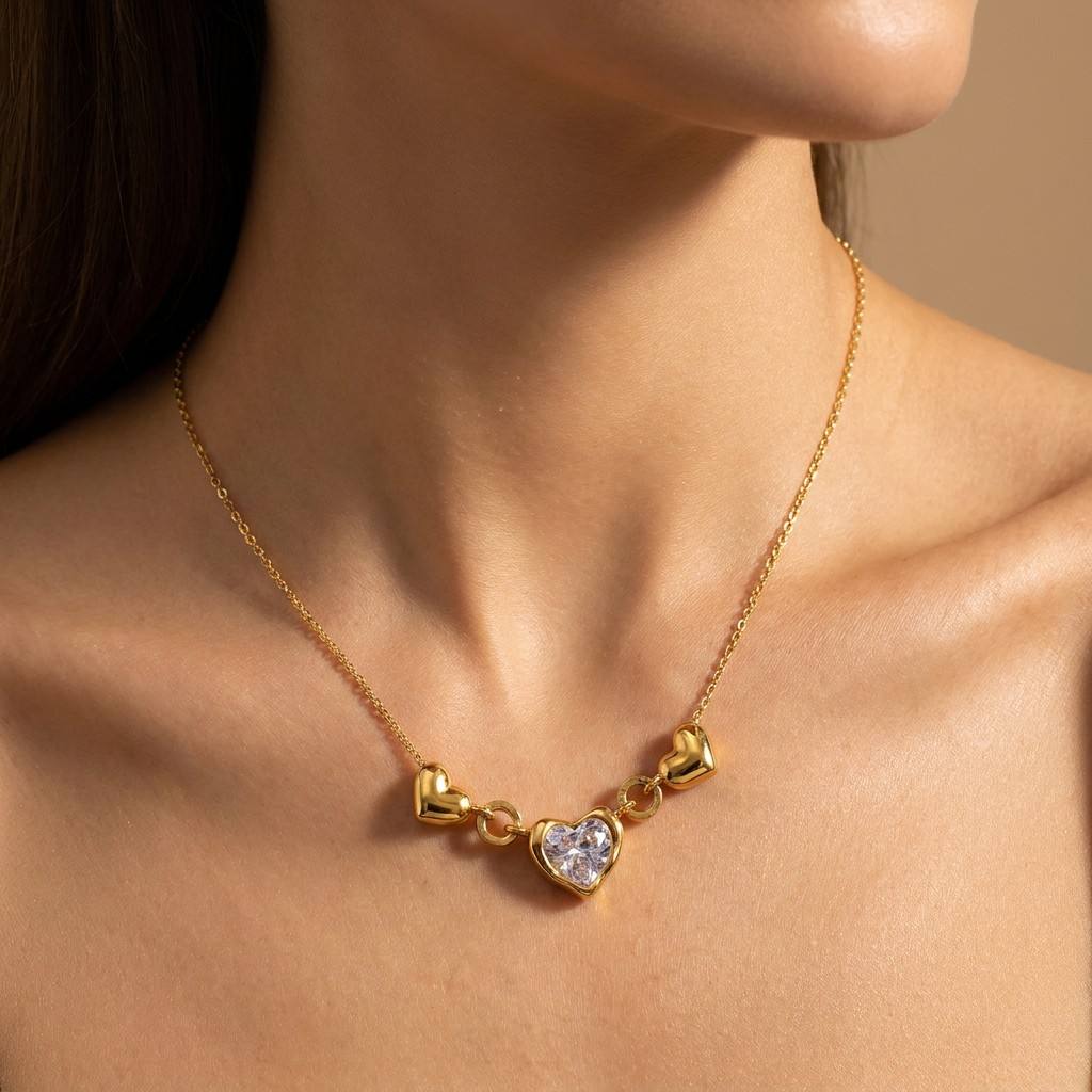 JUSNOVA 18K PVD Gold Plated Stainless Steel Melting Metal Heart Pendant Necklace Waterproof CZ Lava Bead Chain Jewelry for Women