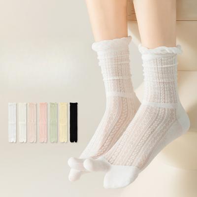 Women's Summer Cotton Mesh Boneless White Breathable Lace Two Toe Pile Socks