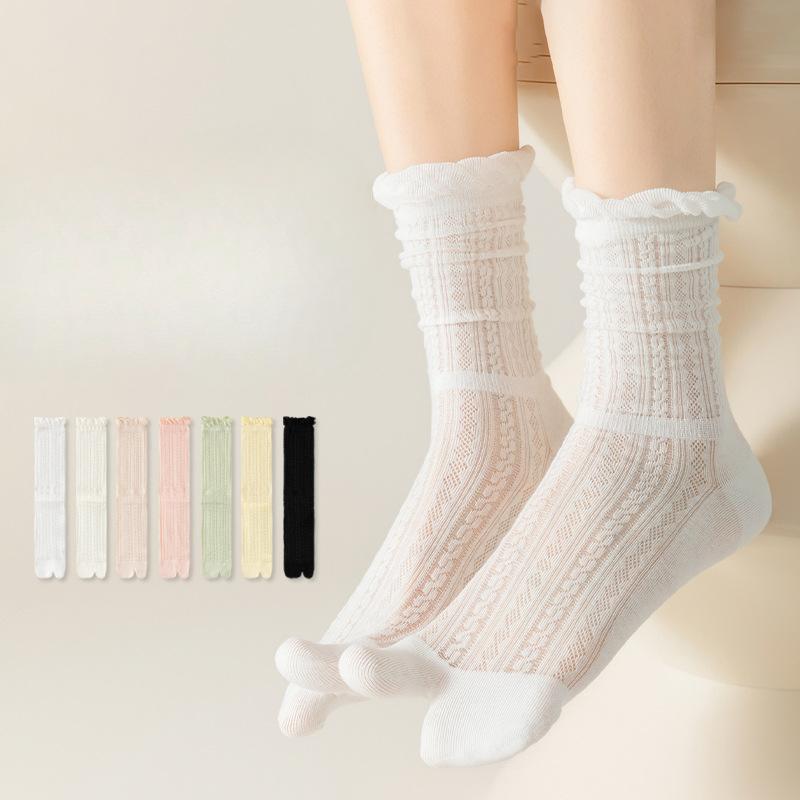 Women's Summer Cotton Mesh Boneless White Breathable Lace Two Toe Pile Socks