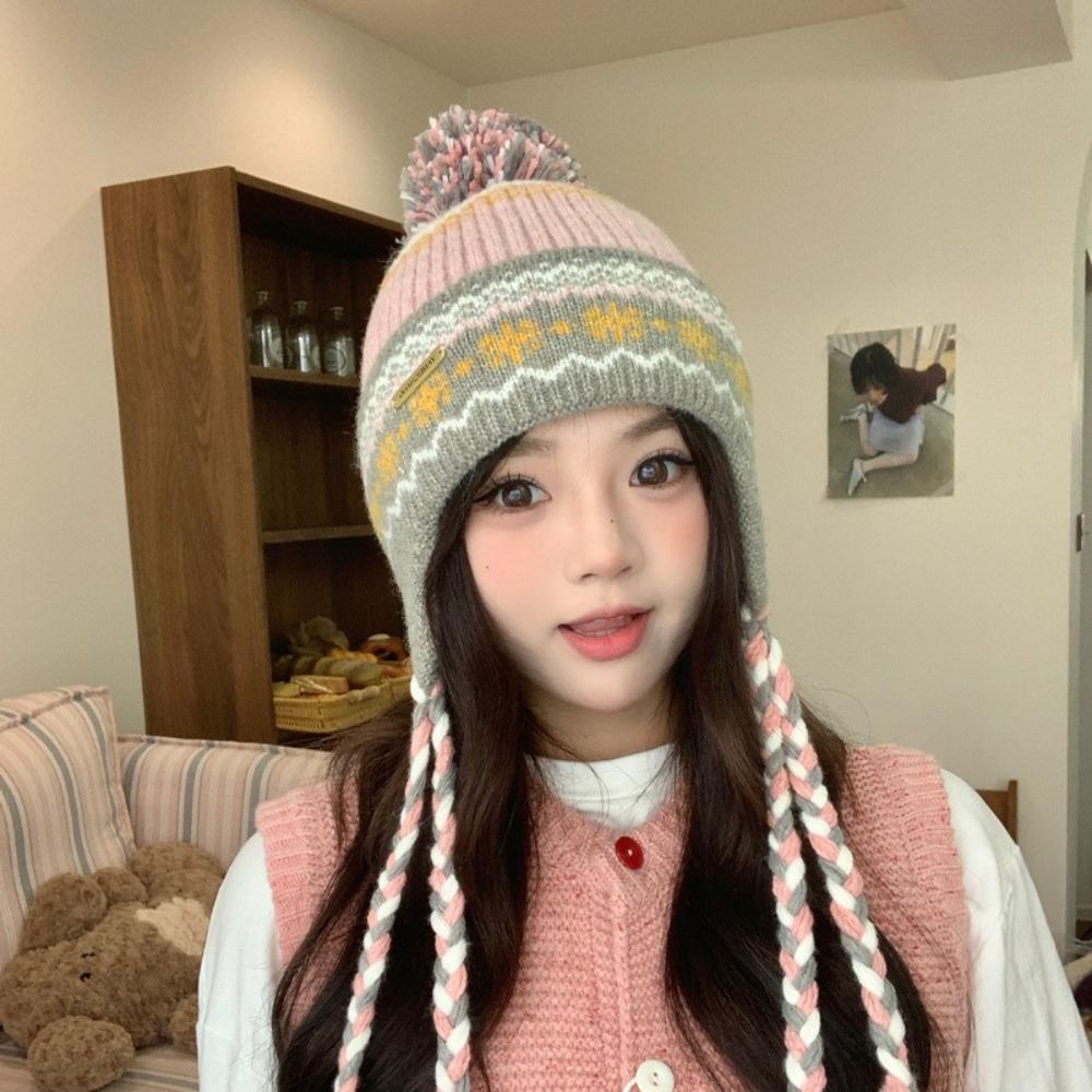 Новая Утолщенная Вязаная Шапка Защита от Холода Защита Ушей Шапка с Помпоном Ветрозащитная Шапка-Бини Зимний Сезон