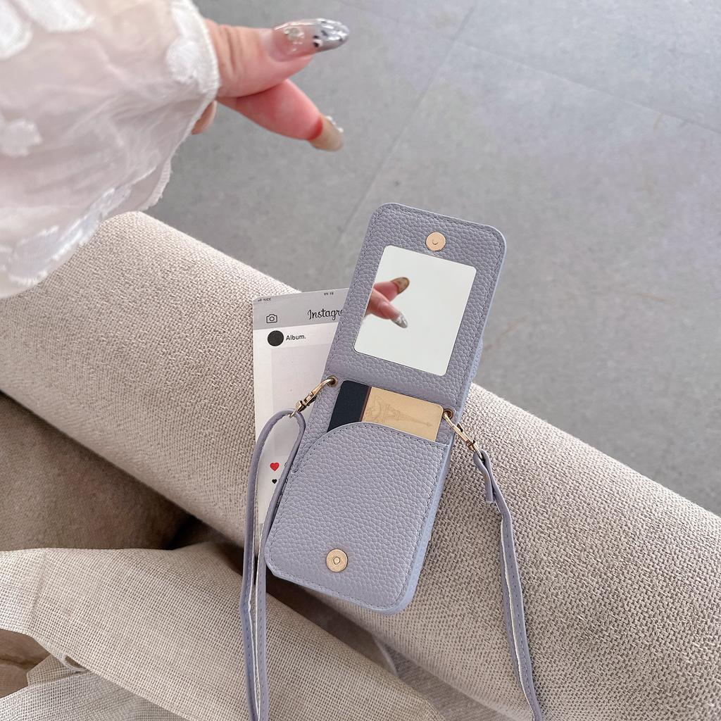 Crossbody Card Solt Ring Holder Flip Mirror Magnetic Wallet Leather Case For iPhone 17 Pro Max 16 Plus 15 14 13 12 Lanyard Cover