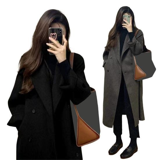 Dámský dlouhý vlněný kabát dvouřadý hráškový kabát ležérní dlouhý rukáv klopový trenčkot podzim zima svrchník