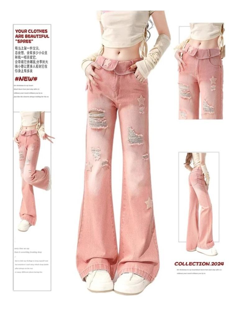

Женские розовые джинсы со звездами Harajuku Y2k 90-х годов Эстетические рваные джинсовые брюки с высокой талией Корейские джинсовые брюки Винтаж 2000-х годов Повседневная одежда