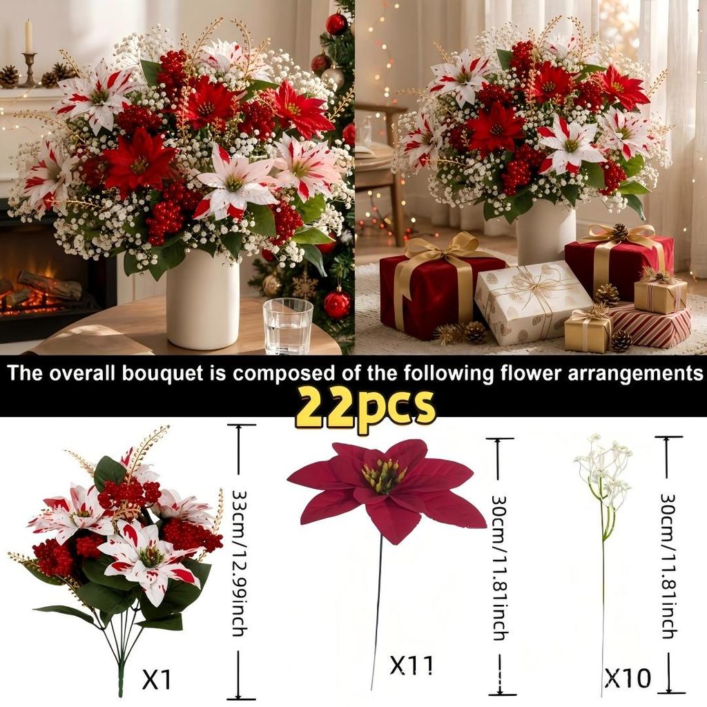 14/22PC Set Christmas Poinsettia Flower Bouquet Red White Berry Poinsettia for Fireplaces Stair Railings Christmas Dining Table
