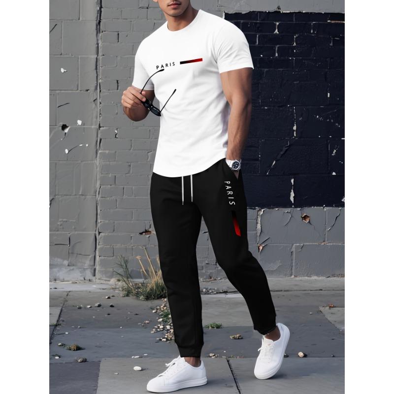 Trendy 'PARIS' printed suit for men, summer round neck short-sleeved T-shirt + casual pants, a must-have for daily outings.
