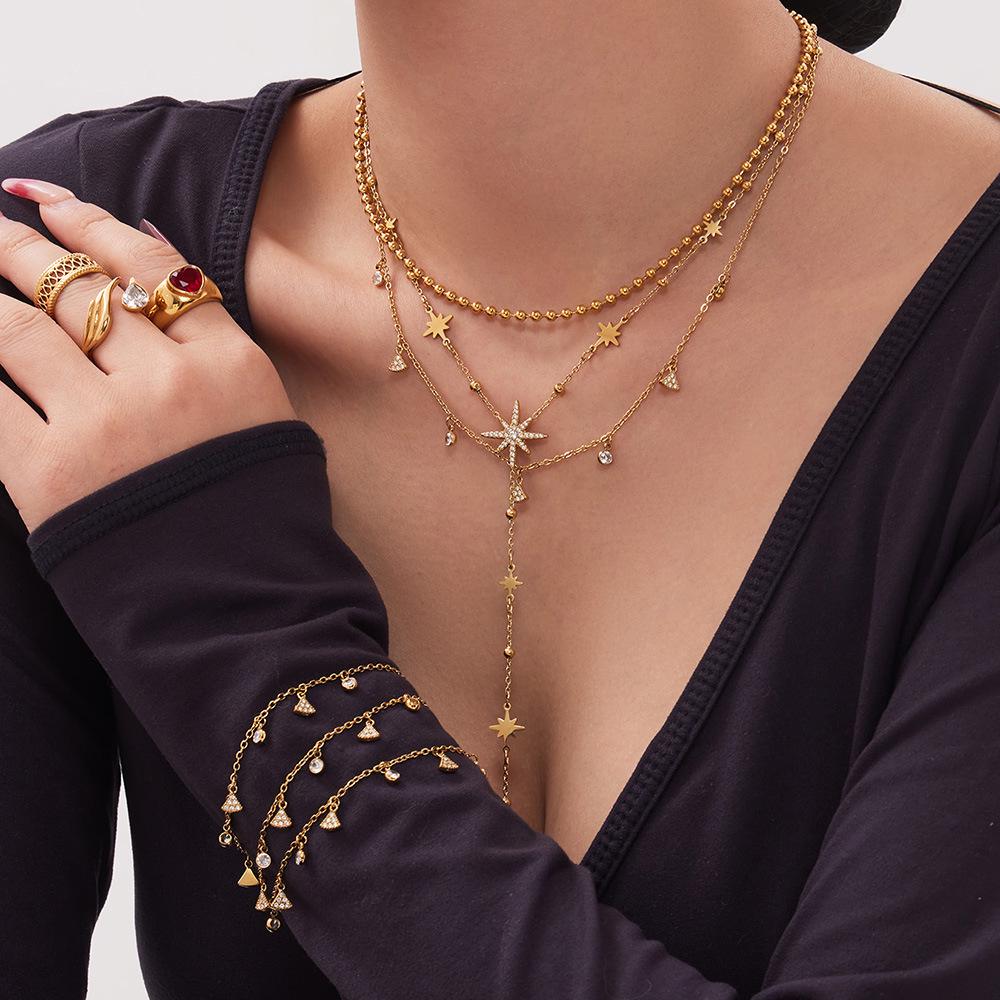 New Zirconia Hexagram Y-Layer Necklace & Bracelet Set - Stainless Steel Luxury European & American Fashion Jewelry