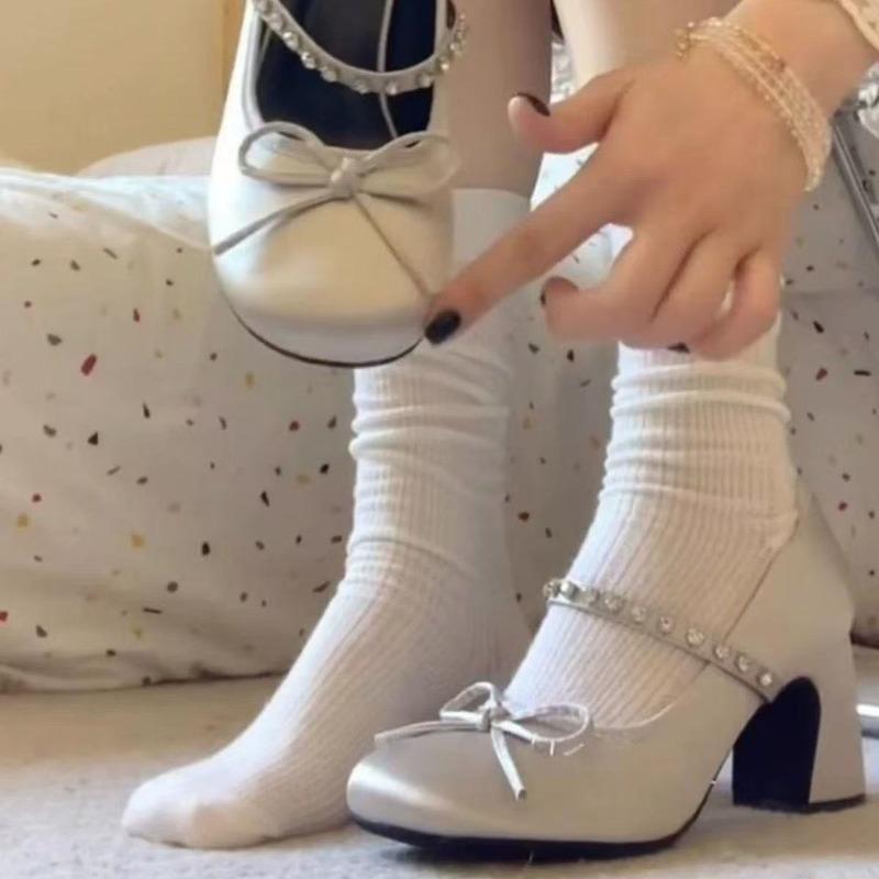New Round Bow Rhinestone Strap High-heeled Mary Jane Shoes Women's Shallow Mouth Fairy Wind Non-slip Single Shoes