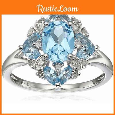 Elegant Silver Plated Oval Cut Ring With Natural Blue Sapphire And Rhinestone Accents