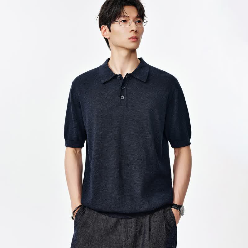 Men s Premium Casual Linen Blend Knit Short Sleeve Polo Shirt L