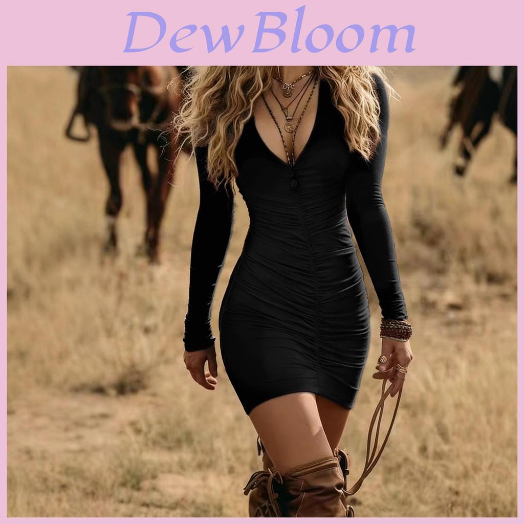 Elegant Bodycon Dress With V Neck Long Sleeves For Casual Winter Wear
