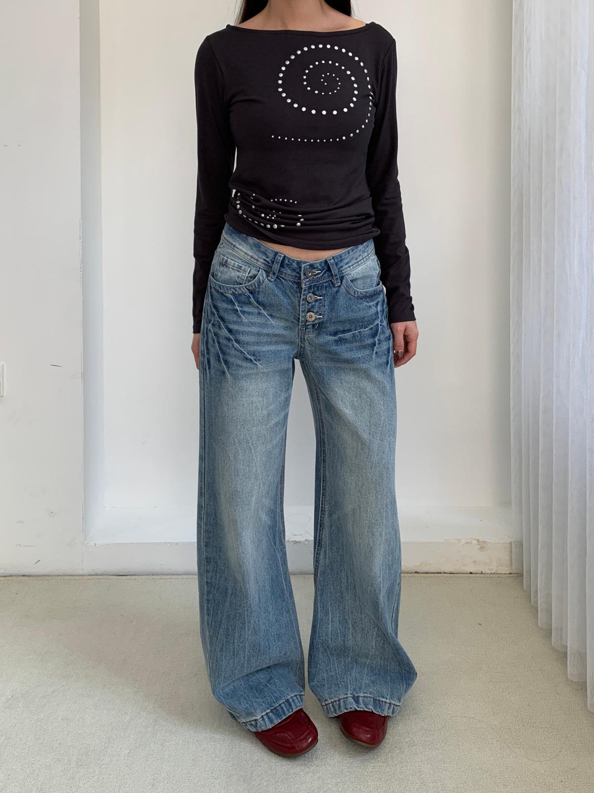 

3L Retro Low-Waist Wide-Leg Jeans for Women - Scratched Texture Long Pants 2233. Small синий