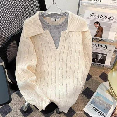 Unisex Fake Two-Piece Cable Knit Polo Sweater, Autumn/Winter Lapel Pullover, Versatile Grey, Old Money Casual Knitwear