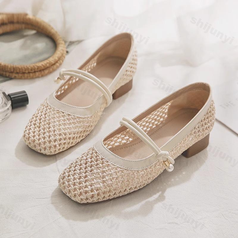Summer Women Ballet Flats New 2026 Mesh Breathable Fashion Outdoors Mary Jane High Heels Square Toe Pumps Female Zapatos Mujer