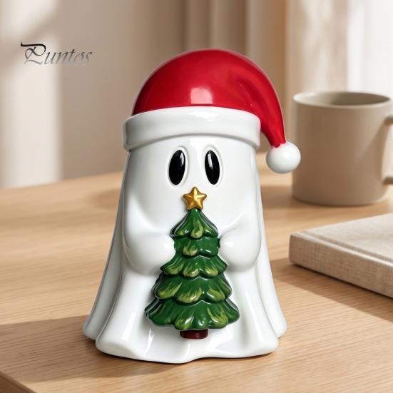 Handcrafted Resin Ghost Statues Christmas Figurine, Cute with Santa Hat Holding Gift Box Modern Minimalist Holiday Decor & Tree, Tabletop Ornament,